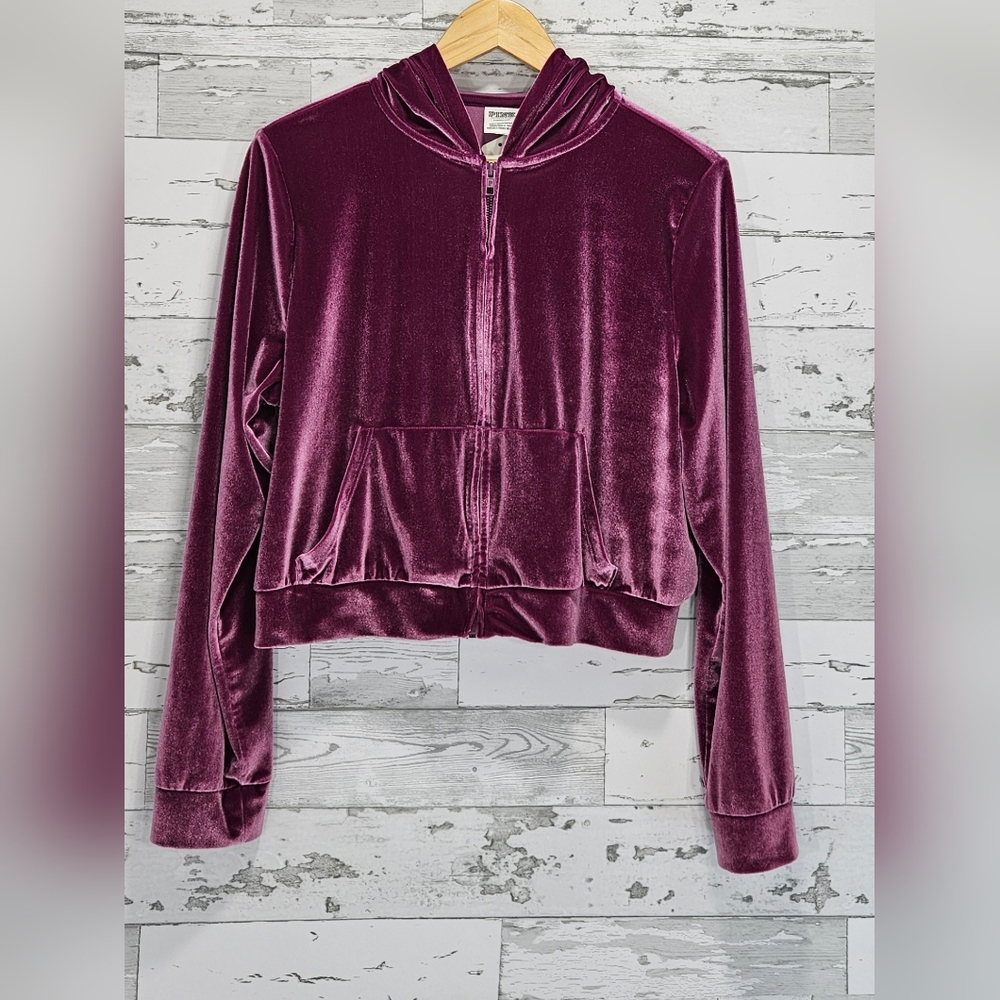 Victorias Secret Pink Velour Shine Logo Full Zip Crop Hoodie Large‎ Lounge